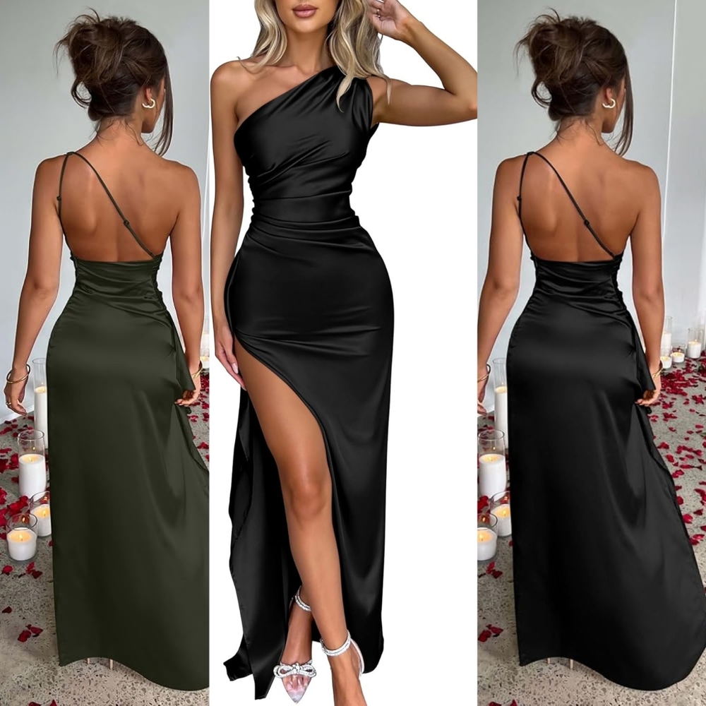 One-Shoulder High-Slit Satin Maxi Dress – Formal / Wedding Guest